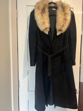 Black Suede Long Coat with Natural Fur Collar